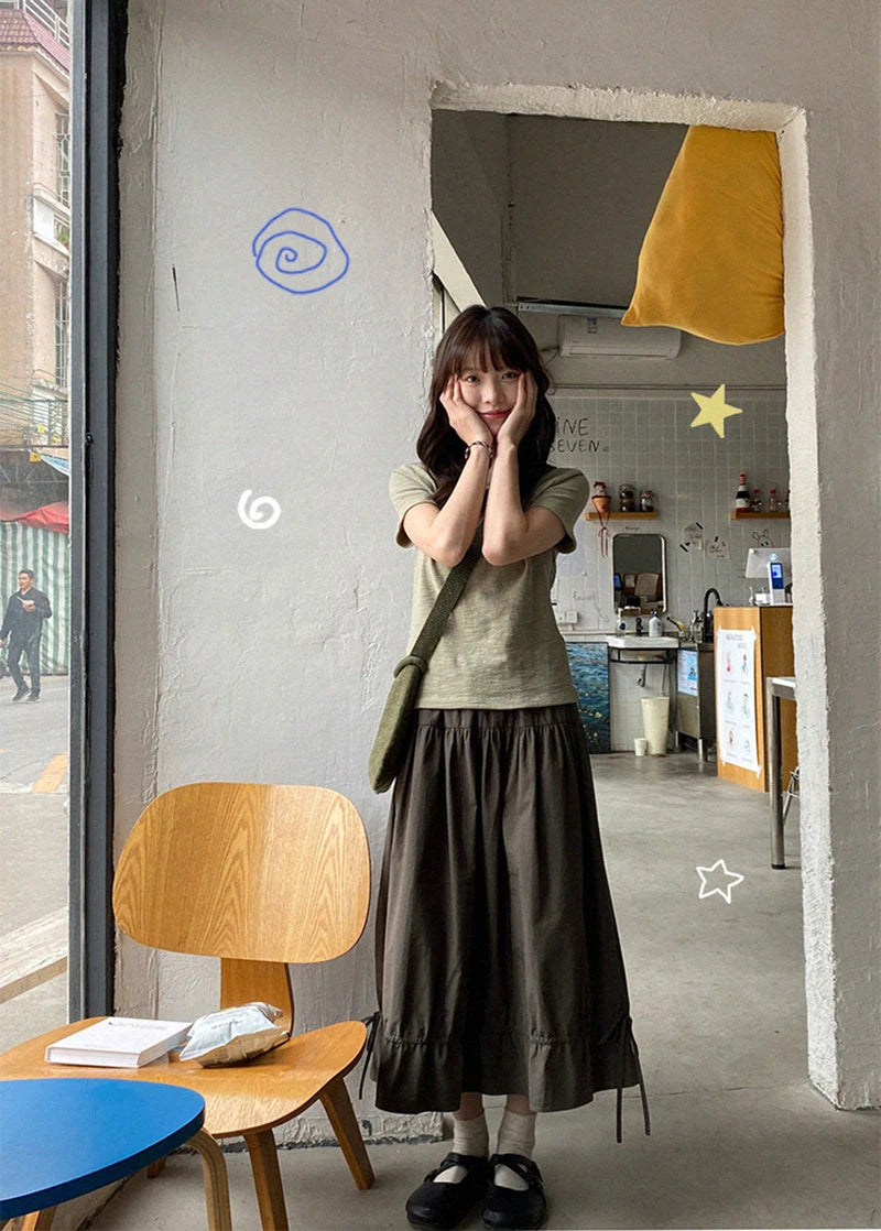 Vintage Black Midi Skirt Women Japanese Harajuku Drawstring Bud Skirts Summer Streetwear Korean Casual Design A Line Faldas New