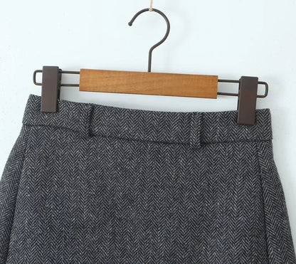 YENKYE Women Vintage High Waist Woolen A-line Mini Skirt Elegant Lady Office Wear Autumn Winter Skirts.