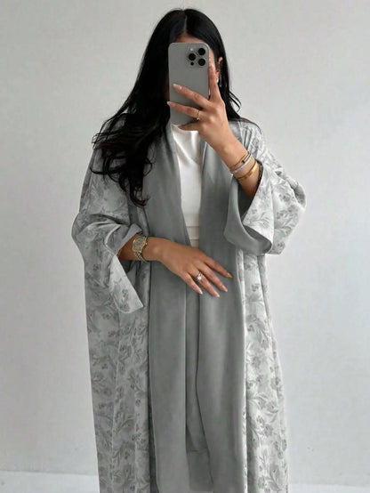 Lockeres, mit Blumenmuster bedrucktes Abaya-Langarmkleid für den orientalischen Nahen Osten für Damen, elegante Robe mit offener Vorderseite ohne Schal.