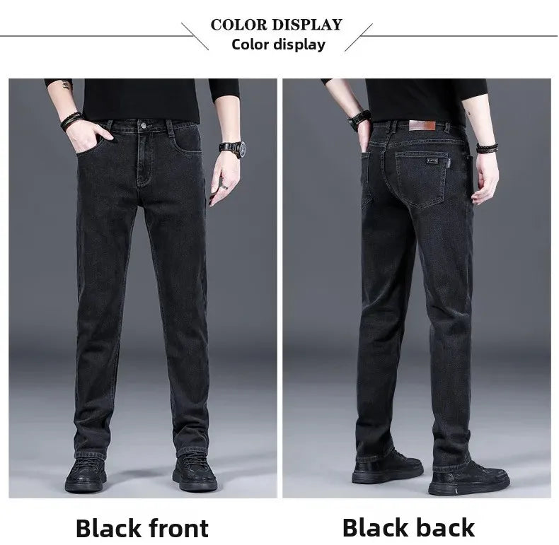 Loose Casual Jeans for Men Mid-aged Thick Winter Long Pants Business Style Straight Leg Spring Autumn Korean Version