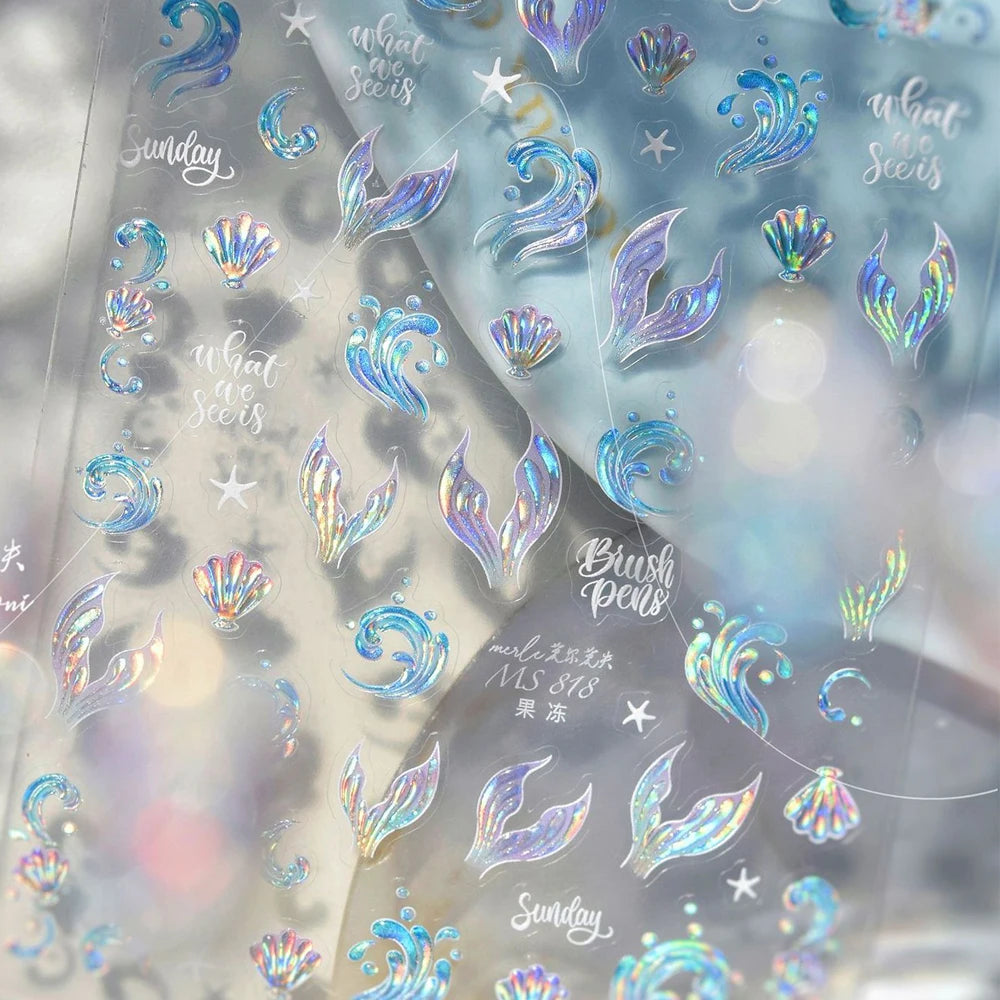 Ocean Theme 5D Nail Sticker Summer Beach Seashells Starfish Conch Scallop Shell Coral Self Adhesive Decoration Manicure Decal.