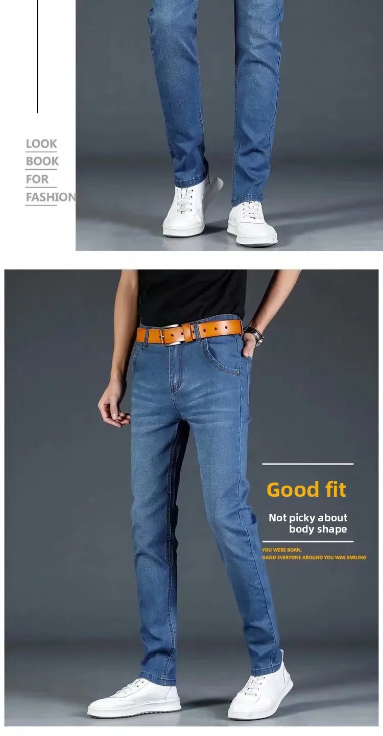 New 2025 Men's Slim Fit Casual Jeans Thin Straight Leg Summer Elastic Comfortable Long Trousers Versatile Style for All Occasion