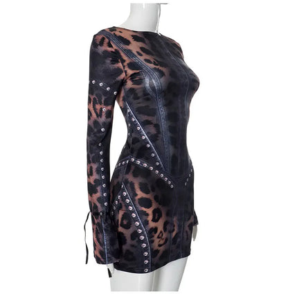 GACVGA Vintage Druck Sexy Bodycon Mini Kleid Für Frauen 2024 Herbst Winter Mode Volle Hülse Weibliche Club Party Kleider.