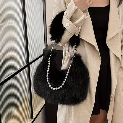 Luxurious Faux Fur Tote Bag Chic Underarm Shoulder Bag Stylish Handbag & Purse with Pearl Chain Strap, Polyester Lined Interior.