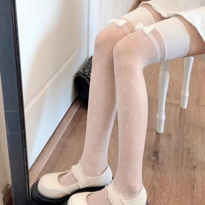 Japanese Style Thigh High Stockings Long Socks Women Cute Sweet Girls Lolita Bow Over Knee Socks Polka Dot Summer Nylon Stocking.