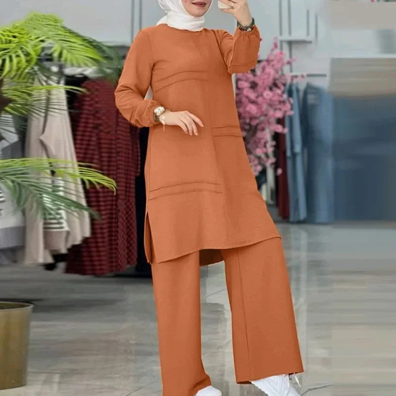Ramadan Two Piece Sets Shirt Dress &Pants Women Muslim Suits Shirt Blouse Musulman Ensembles Moroccan Kaftan Islamic Dress Sets.