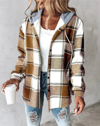 Neue Herbst und Winter frauen Plaid Jacke Mit Kapuze Mode Taste Strickjacke Top Tasche Casual Straße Vielseitige Jacke.