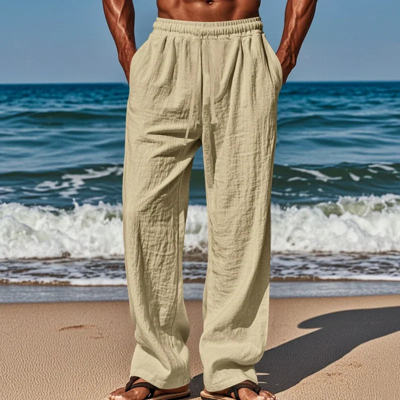 Men's Linen Casual Pants Elastic Waist Beach Pants Lightweight Drawstring Summer Yoga Pants Solid Color Beach Pants.