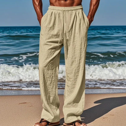 Men's Linen Casual Pants Elastic Waist Beach Pants Lightweight Drawstring Summer Yoga Pants Solid Color Beach Pants.