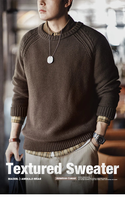 Maden New Vintage Heavyweight Knitted Crew-neck Sweater Brown Warm Pullover Men's Versatile Top for Autumn and Winter Knitwear.