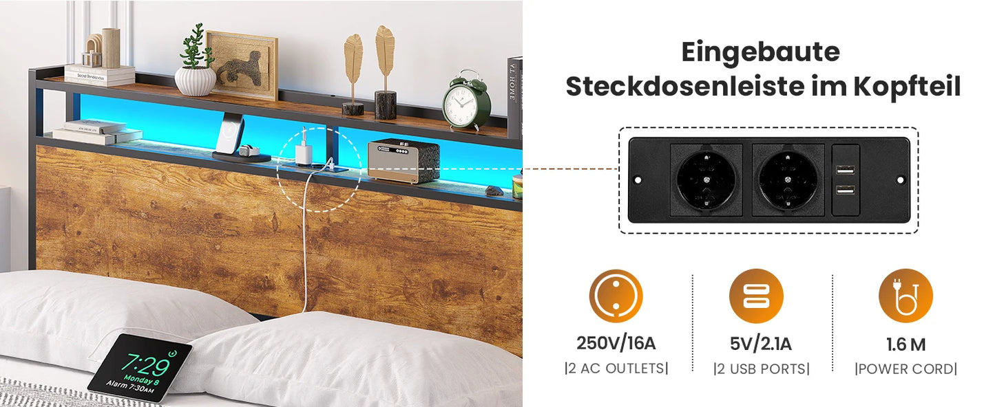 140x200 mit Gitterrahmen, integrierte LED-Beleuchtung und Ladestation (2 AC-Steckdosen, 2 USB-Anschlüsse), Bett 140x200 Mit Lattenrost Au