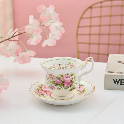 Coffee Cup and Saucer Set Month Flower Mug Bone China Drinking Set Ceramic Cup and Saucer Home Teacup Dessert Saucer Gifts.