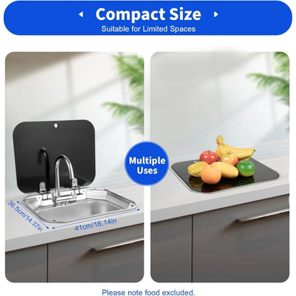 Wohnwagen-Wohnmobil-Spüle mit klappbarem Wasserhahn und Deckel aus gehärtetem Glas, 16-Zoll-Spüle im Bar-Boot, Spüle aus Edelstahl, Wohnmobil-Camping-Küchenspüle