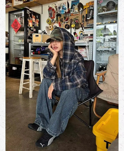 HOUZHOU Vintage Plaid Shirts Women Harajuku Long Sleeve American Style Drawstring Hooded Blouses Loose Casual Streetwear Spring.