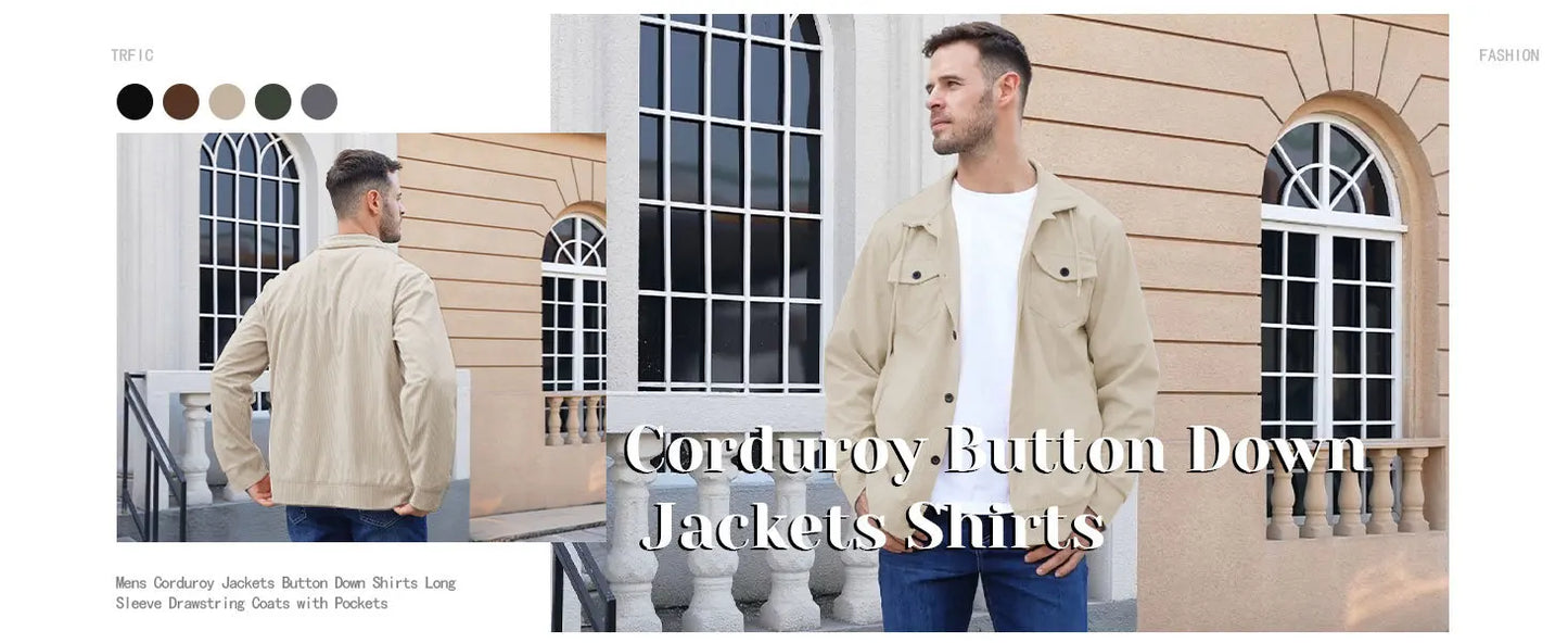 Men's Corduroy Jacket Stand-up Collar Slim Fit Retro Multi-pocket Workwear Commuter Coat for Spring And Autumn.