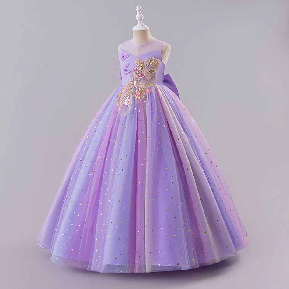 Elegantes, ärmelloses Tüll-Ballkleid für Kinder, Bühnenaufführungen, Hochzeiten, Weihnachten, Mädchenkleider, Mädchen-Prinzessin-Partykleider.