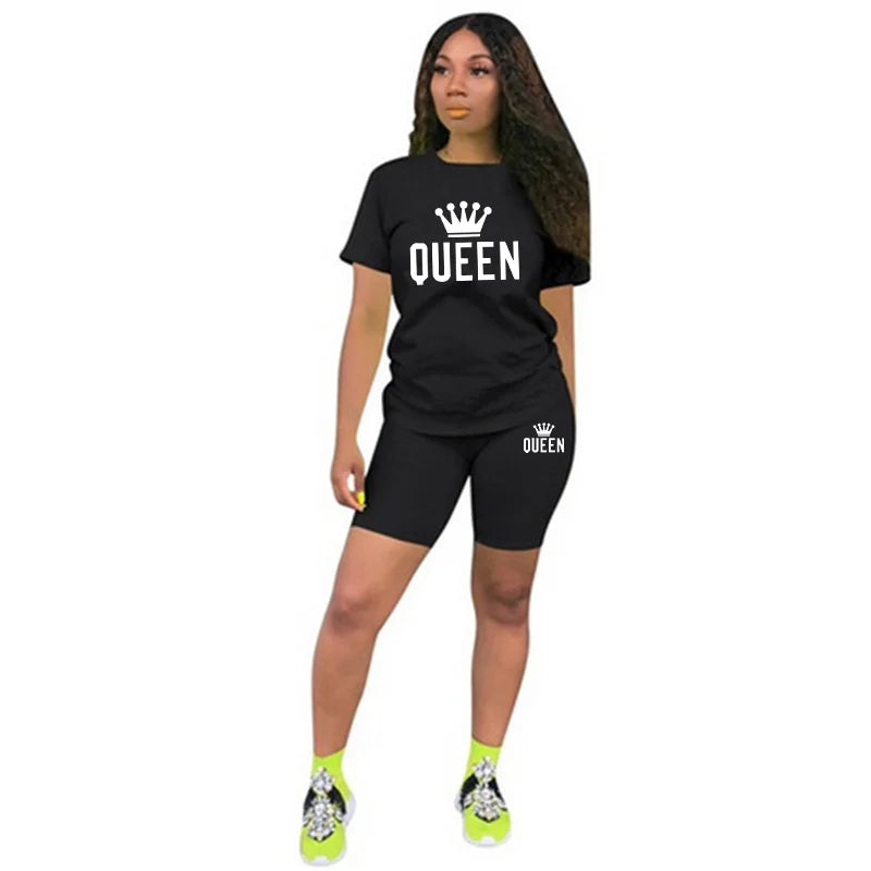 Sommer-Damen-Trainingsanzug, Queen-Druck, T-Shirt + Shorts, 2-teiliges Set, modische lässige Sportbekleidung, Kleidung, luxuriöser kurzer Jogging-Anzug.