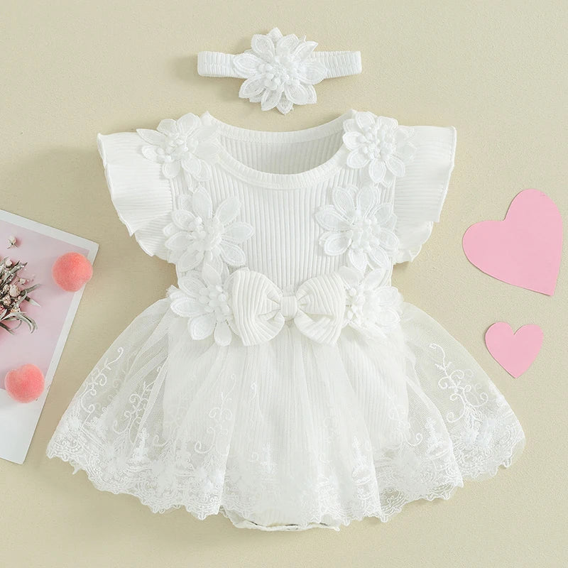 Visgogo Neugeborenen Baby Stram pler Kleid 2 Stück Outfits Mesh Spitze Patchwork Rüschen Bodysuit und Stirnband süße Sommerkleid ung.