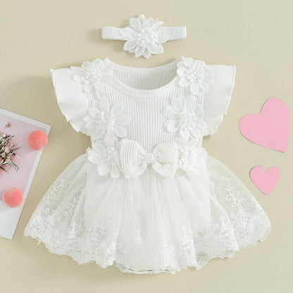 Visgogo Neugeborenen Baby Stram pler Kleid 2 Stück Outfits Mesh Spitze Patchwork Rüschen Bodysuit und Stirnband süße Sommerkleid ung.