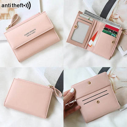 RFID Anti-Theft Short Card Bag for Women, Brush, PU, Solid Color, Zipper Buckle, Multi-functional Fashion, Small Purse.