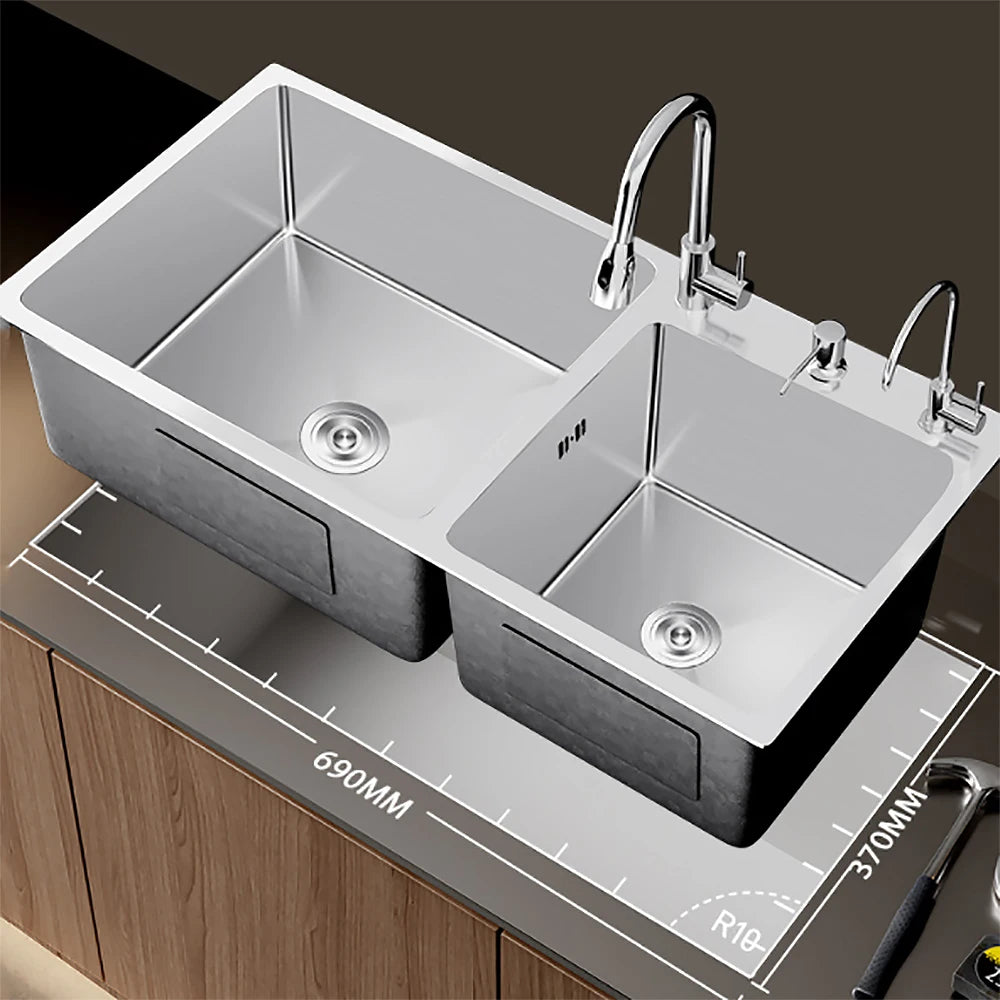304 Stainless Steel Kitchen Sink Above Counter Undermounter Silver Double Farmhouse Wash Basin with Gourmet Faucet Drainage