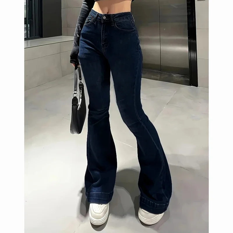 2025Mädchen Concise Ins Hohe Taille Ausgestellte Jeans Weibliche Stretchy Bootcut Denim Hosen Frauen Einfarbig Dünne Schlaghosen.