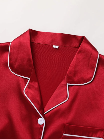 Solides Pyjama-Set mit langen Ärmeln, Knopfleiste, Revers, Oberteil und Hose, Pyjama-Set, Damen-Nachtwäsche und Loungewear.