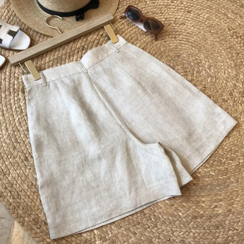 Korean Office Lady Summer Women's Solid Color Linen Zipper Pockets Fashion Casual Loose High Waist A-line Wide Leg Shorts.
