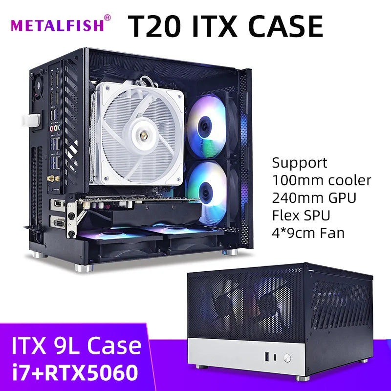 METALFISH T20 Mini ITX Case 9L Gaming Computer White Chassis Compact PC Support Flex PSU/100mm Cooler/180Liquid Cooler/240mm GPU.