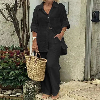 Elegant Solid Cotton Linen Shirt 2 Piece Set For Women Casual Outfits Autumn Long Sleeve Pocket Top Wide Leg Pants Suits Female.