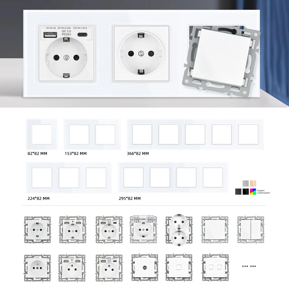 SRAN F6 Serie mehrere Rahmen Weiße Panel aus gehärtetem Glas, EU FR UN-Steckdosen und Schalter Dimmer-Lüfter-Fußlampe Rj45-Modul DIY.