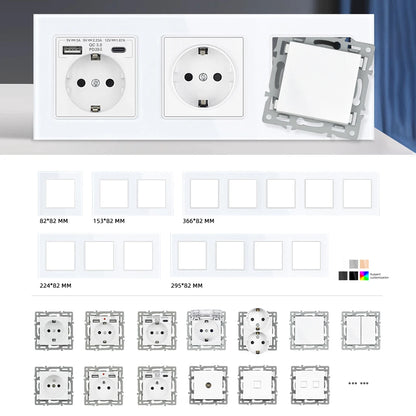 SRAN F6 Serie mehrere Rahmen Weiße Panel aus gehärtetem Glas, EU FR UN-Steckdosen und Schalter Dimmer-Lüfter-Fußlampe Rj45-Modul DIY.