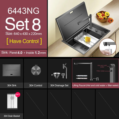 Nanometer Black Hidden kitchen Sink SUS 304 Stainless Steel 4mm Thickness Flip Cover Hidden Handmade kitchen Sinks