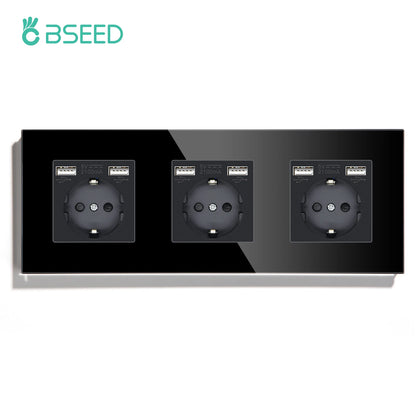 BSEED Touch-Lichtschalter mit EU-USB-Steckdosen, schwarze Wand-LED-Schalter, 1/2/3 Gang, 1-Wege-Kristall, dunkelblaue Hintergrundbeleuchtung, Wandschalter