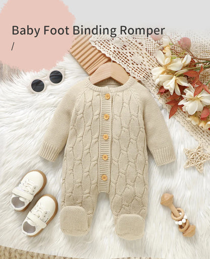 Winter Baby Jungen Strampler Kleidung Beige Rundhals Volle Hülse Gestrickte Neugeborenen Pullover Overalls Einteilige Kleinkind Outfits.