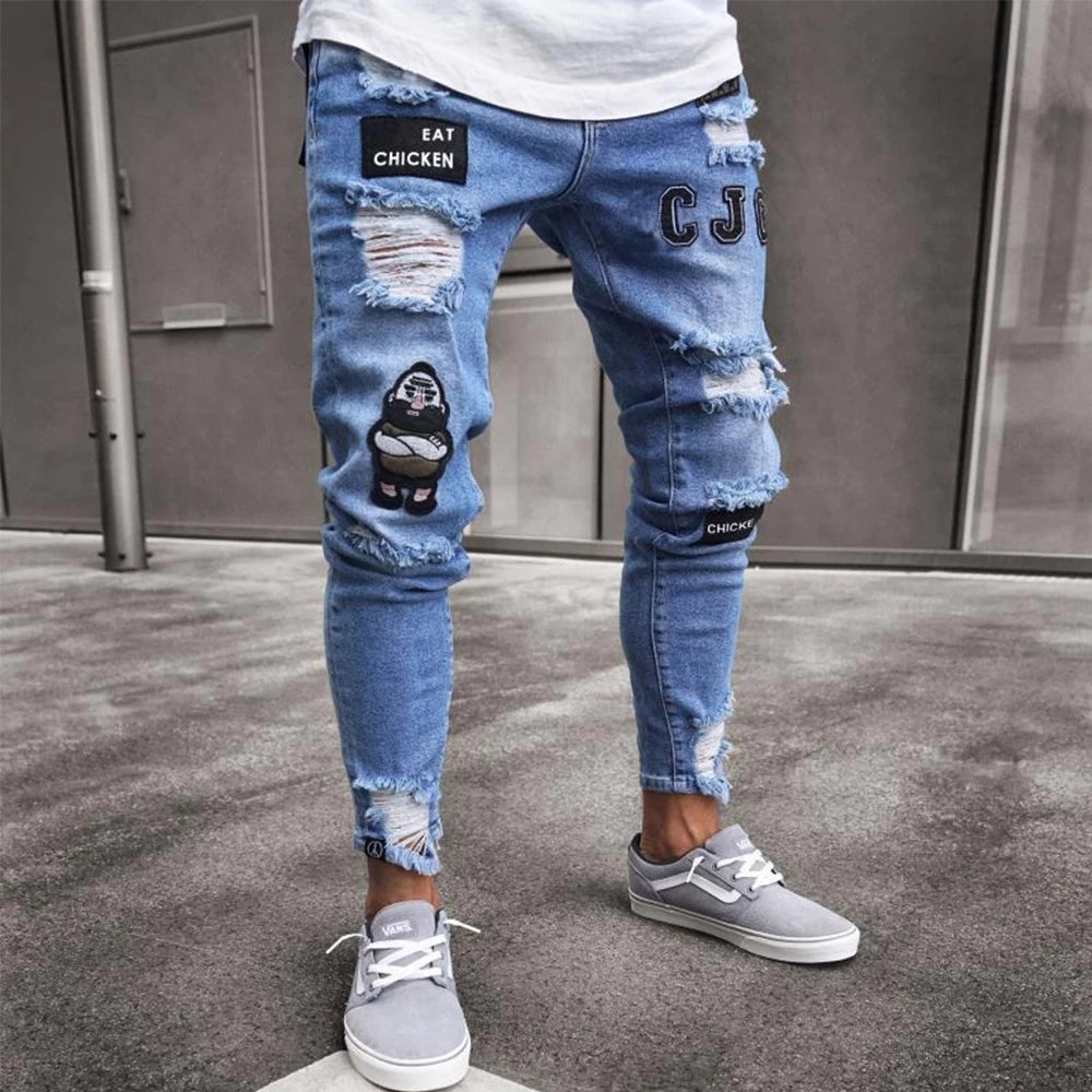 White Embroidery Skinny Ripped Jeans Men Cotton Stretchy Hole Slim Fit Hip Hop Denim Pants Casual Jeans for Men Jogging Trousers.