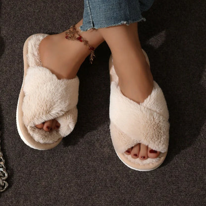 Fashion Cross Strap Fur Slippers Women Indoor Light Warm Plush Home Slippers Woman Faux Fur Flat Heel Couple Slides Plus Size 43.