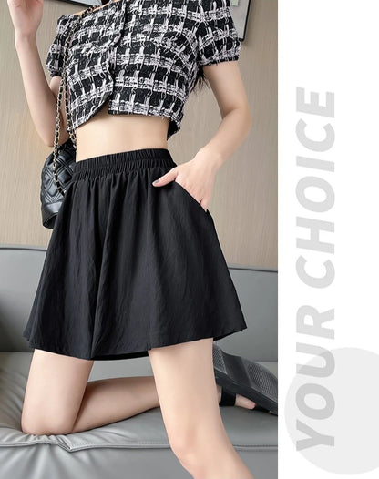 Women Quick Dry Sporty Short Pants Summer Thin Pleated Shorts Skirts High Waist A- Line Five Quarter Pants Cool Wide Leg Pants
