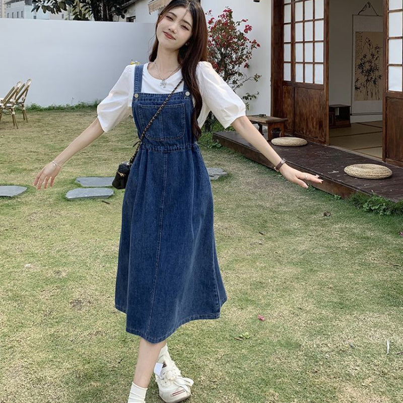 2025 Fashion Women Denim Suspender Skirt Spring Summer Causal Strap Female High Waist A-line Solid Lace-up Woman Skirt.