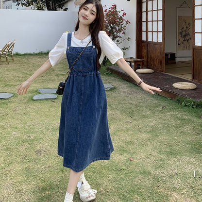 2025 Fashion Women Denim Suspender Skirt Spring Summer Causal Strap Female High Waist A-line Solid Lace-up Woman Skirt.