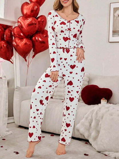 Autumn Winter 2 Pieces Pajamas Sets for Women Sleepwear Heart Print Long Sleeve Tops with Long Pants Trouser Set Pyjamas.