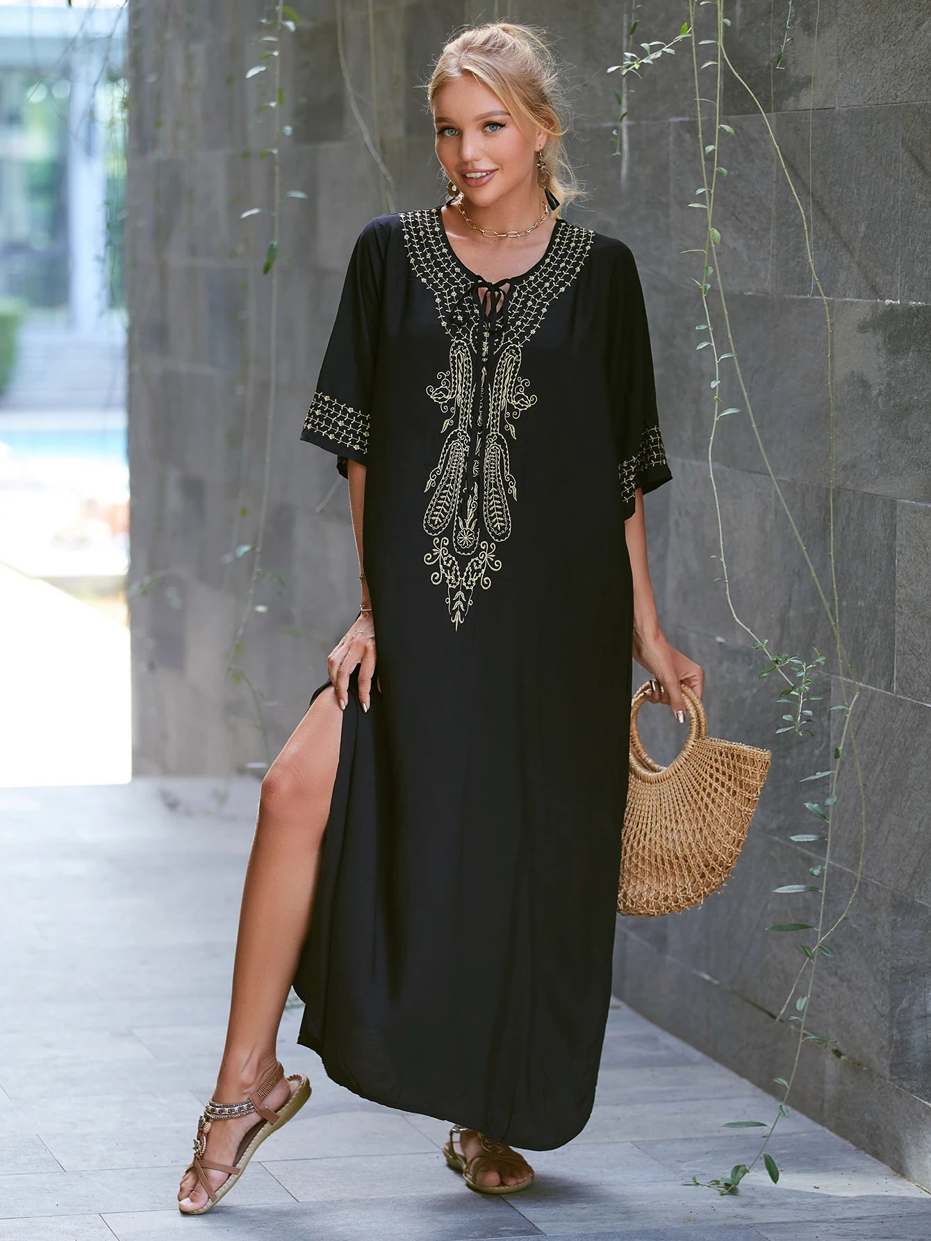 2025 Indie Folk Schnürung V-Ausschnitt Fledermausärmel Sommer Strandkleid Tunika Damen Beachwear Kaftan Maxikleid Robe Sarong Q775