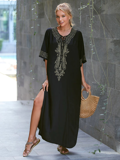 2025 Indie Folk Schnürung V-Ausschnitt Fledermausärmel Sommer Strandkleid Tunika Damen Beachwear Kaftan Maxikleid Robe Sarong Q775