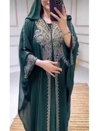 Eid Muslim Dress for Women Hooded Abaya 2 Piece Set Diamond Jalabiya Morocco Party Dresses Dubai Abayas Kaftan Vestido Long Robe.