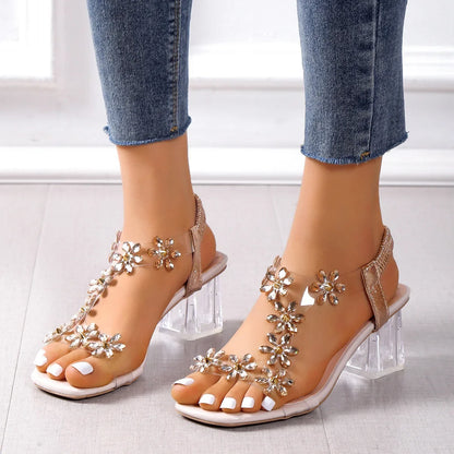 Women;s Sandals Pvc Crystal Flower Shoes for Women Decoration Chunky Heel Sandals Ladies Back Strap Fashion Shoes Female2024.