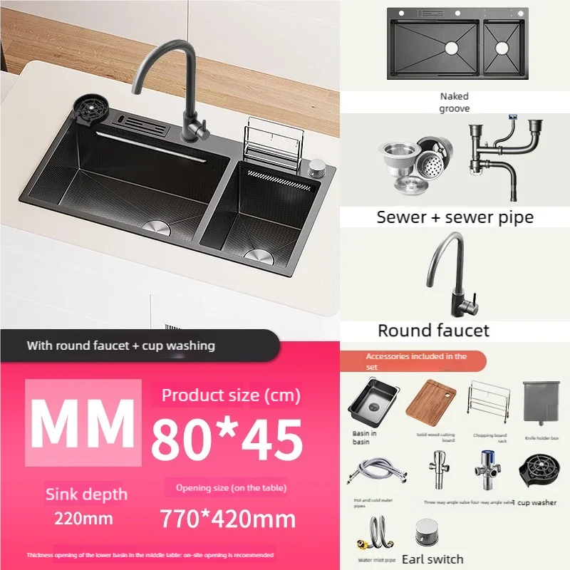 Waterfall Kitchen Sink Stainless Steel Large Double Slot With Chopping Board Rack Knife Holder Multifunctional Dishwash Basin