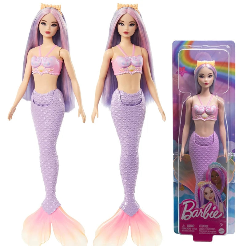 Original Barbie Mermaid Dolls Pink Fantasy Ocean Princess Hair Headband Accessories Toys for Girls Shell Lavender Fish Tail Body.