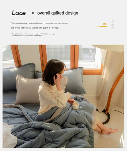 2025 new Japanese polyester cotton quilted summer quilt skin-friendly washable light luxury style solid color lightweight.