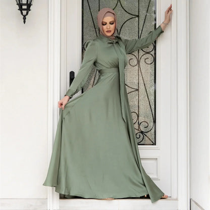 Elegant Satin Dress for Women Muslim Fashion Abaya Hijab Dubai Turkey Evening Dresses Arabic Kaftan Robe Female Islamic Clothing.