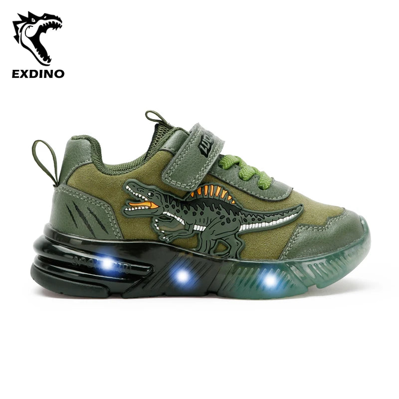 EXDINO Dinosaur Little Kids Spring Autumn LED Light Up Shoes Children Spinosaurus Boys Glowing Casual Sports Sneakers Non-slip.